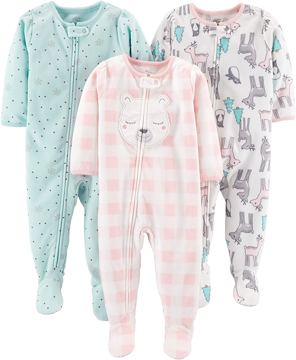 Simple Joys by Carter'S Toddler and Baby Girls' Loose Fit Fleece Footed Pajamas, Pack of 3 Apparel & Accessories > Clothing > Underwear & Socks > Lingerie Simple Joys by Carter's Pink/Teal Blue, Bear/Snowflake 24 Months