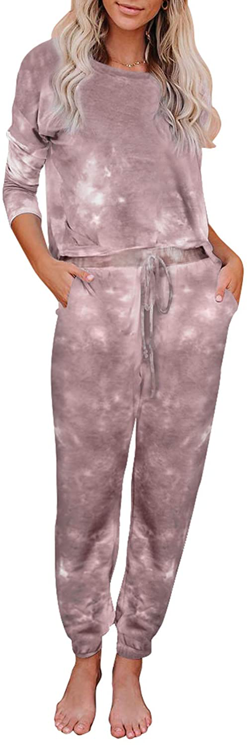 KIRUNDO Women’s Tie Dye Pajamas Set Long Sleeves Jogger PJ Sets Two Pieces Round Neck Loungewear Nightwear Sleepwear Apparel & Accessories > Clothing > Sleepwear & Loungewear > Pajamas KIRUNDO Red Large