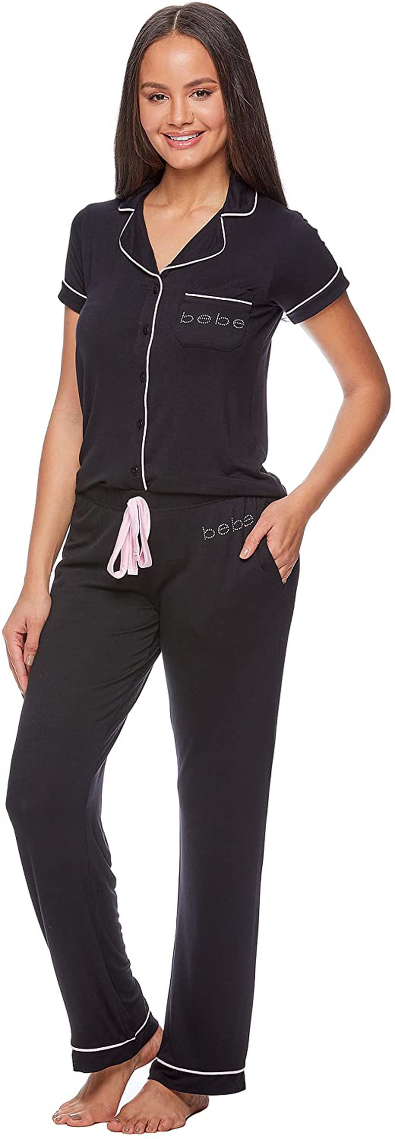 bebe Womens Button Down Short Sleeve Shirt and Pajama Pants Lounge Sleep Set Apparel & Accessories > Clothing > Sleepwear & Loungewear > Pajamas bebe Black2 1X