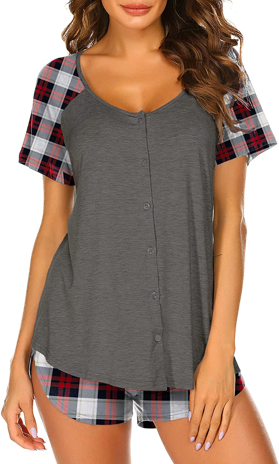 Ekouaer Women's Pajama Short Sleeve Sleepwear Soft Pj Set Top and Shorts Pajamas Set Apparel & Accessories > Clothing > Sleepwear & Loungewear > Pajamas Ekouaer Style 1_black Red Plaid Large