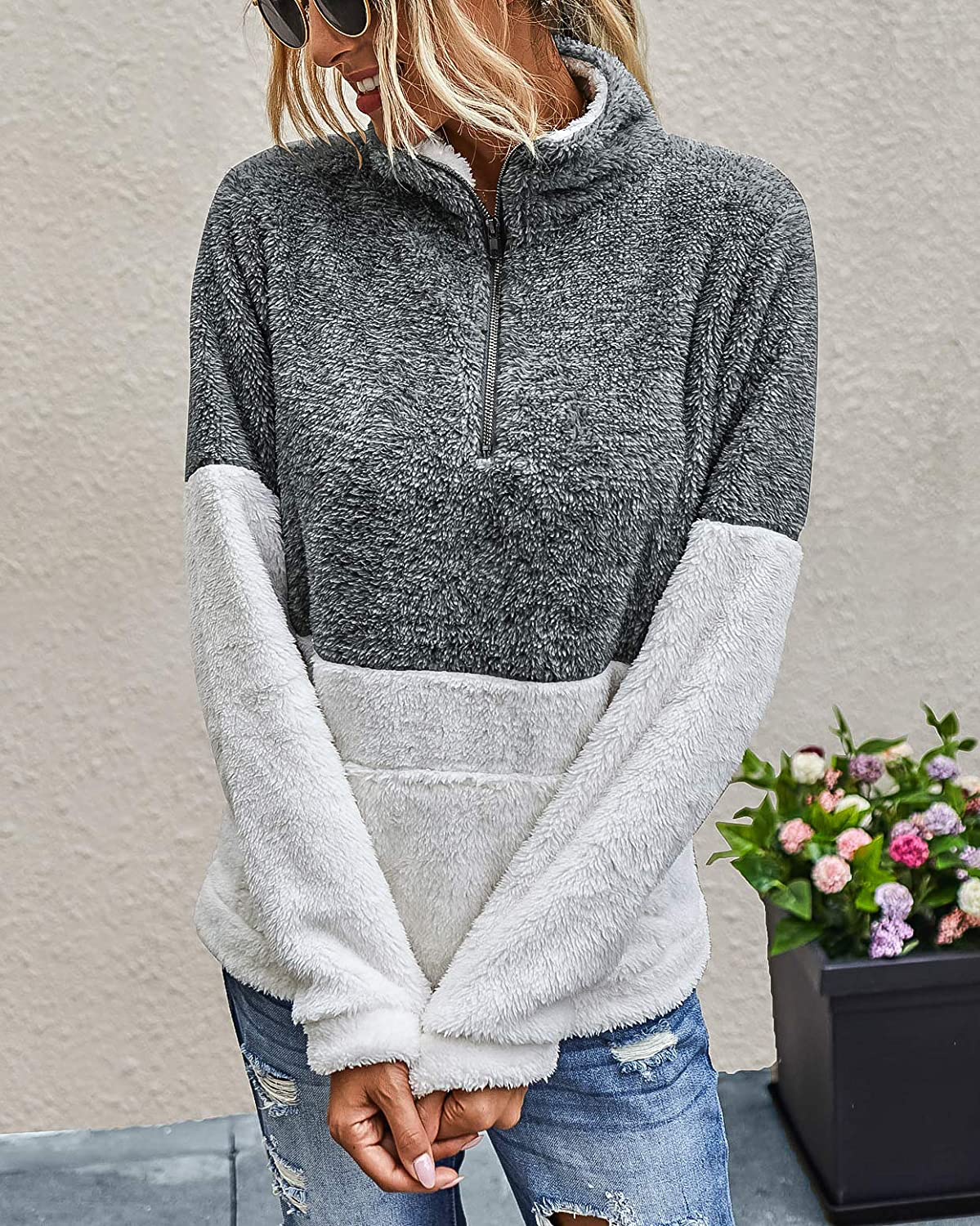 BTFBM Women Sherpa Pullover Quarter Zip Long Sleeve Fluffy Soft Fleece Jackets Sweaters Sweatshirts Hoodies Outwear Coat Apparel & Accessories > Clothing > Activewear Kylie Max