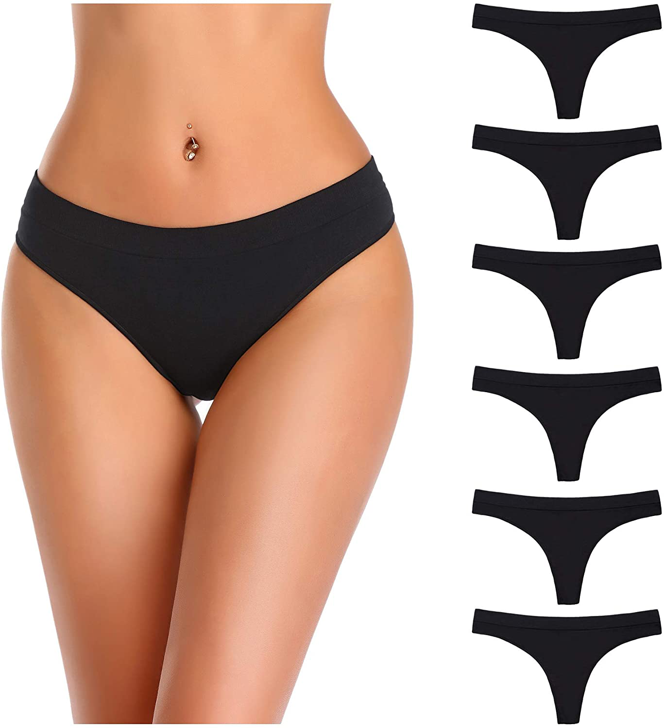 Nowketon Thongs for Women, Seamless No Show Thong, Stretchy Spandex Nylon Underwear Apparel & Accessories > Clothing > Underwear & Socks > Underwear NOWKETON 6 Pack - All Black Medium