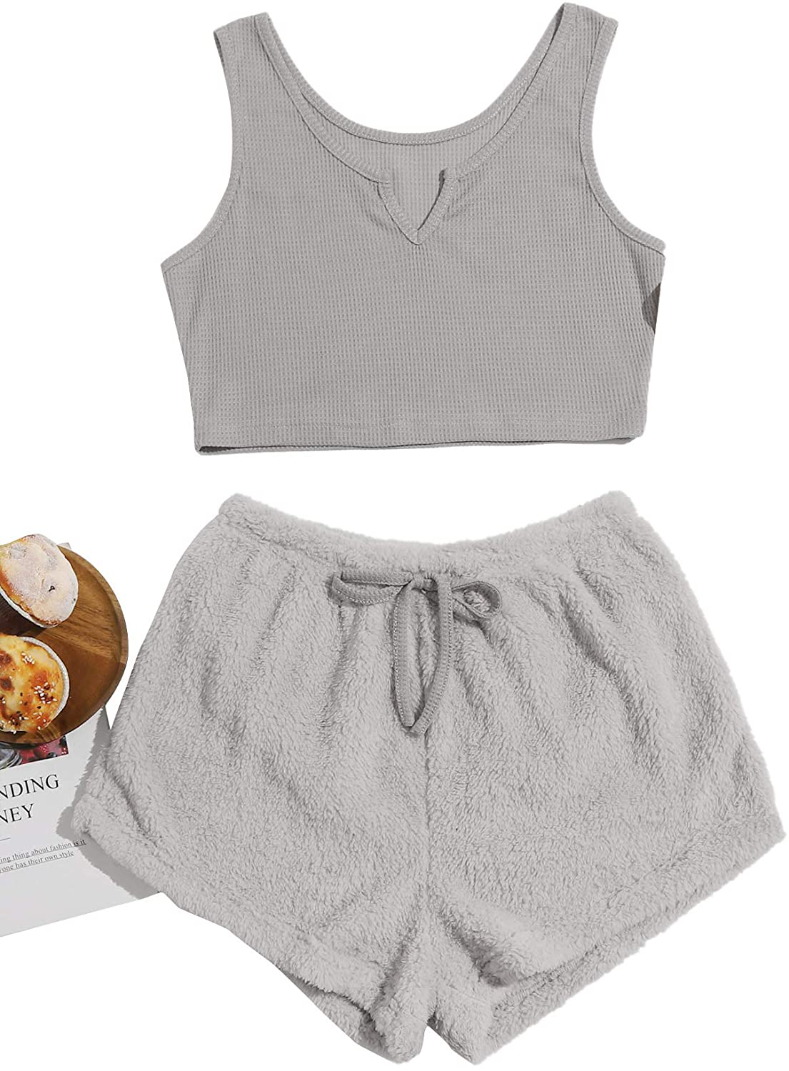 Verdusa Women'S 2 Piece PJ Set Notched Tank Top & Teddy Shorts Fuzzy Lounge Pajama Set Apparel & Accessories > Clothing > Sleepwear & Loungewear Kylie Max