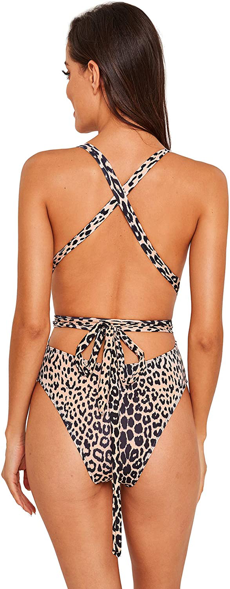 Sweatyrocks Women'S Sexy Bathing Suits Criss Cross Tie Knot Front Deep V Open Back Leopard One Piece Swimwear Apparel & Accessories > Clothing > Swimwear Kylie Max