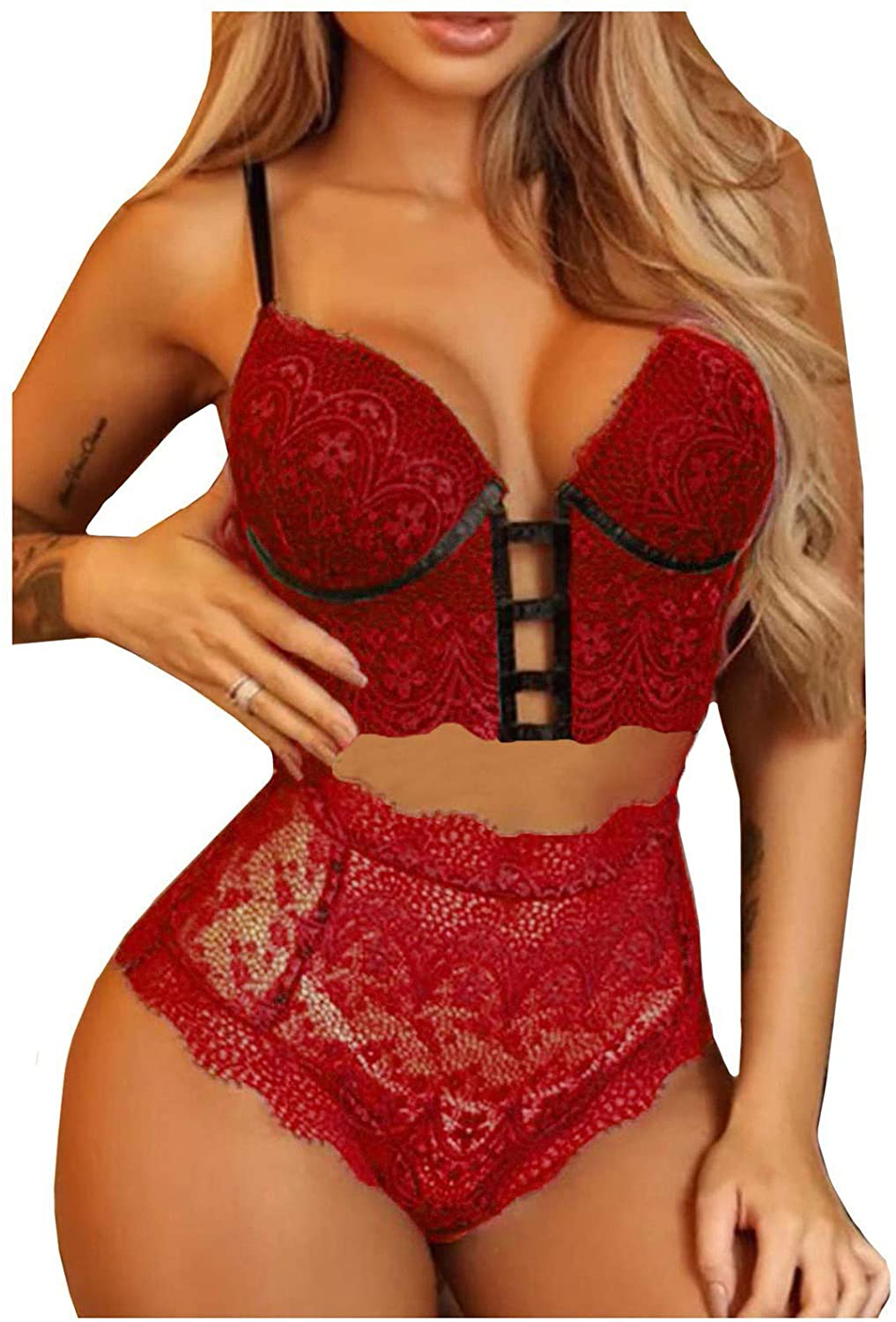 MOOKO Lingerie for Women Plus Size Lace Lingerie Sets Chemise Sleepwear Sexy Babydoll Mini Teddy Bodysuit Nightgown Apparel & Accessories > Clothing > Underwear & Socks > Lingerie MOOKO A-red-02 Large