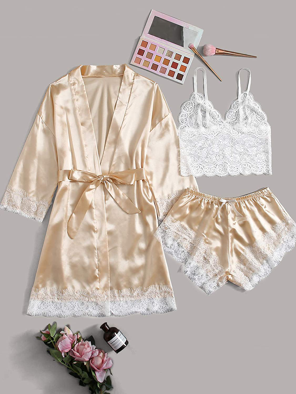 WDIRARA Women'S 3 Pcs Sleepwear Satin Floral Lace Cami Top Lingerie Pajama Set with Robe Apparel & Accessories > Clothing > Sleepwear & Loungewear Kylie Max
