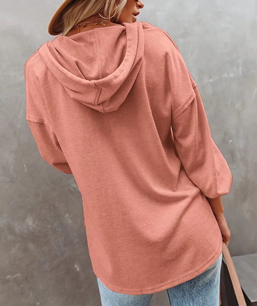 REVETRO Womens V Neck Long Sleeve Henley Shirts Button down Sweatshirts Hoodies Tunic Tops with Drawstring Apparel & Accessories > Clothing > Activewear Kylie Max