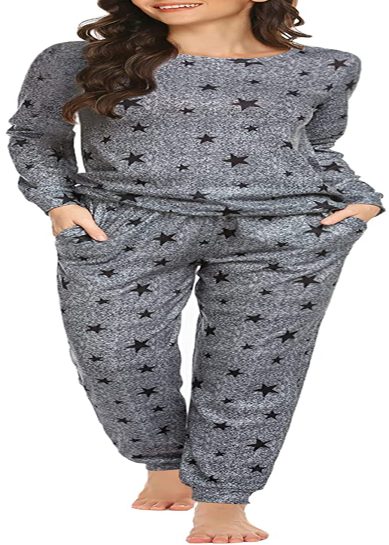 Ekouaer Womens Pajama Set Long Sleeve Sleepwear Star Print Nightwear Soft Pjs Lounge Sets with Pockets Apparel & Accessories > Clothing > Sleepwear & Loungewear > Pajamas Ekouaer A-medium Grey Black Star Large
