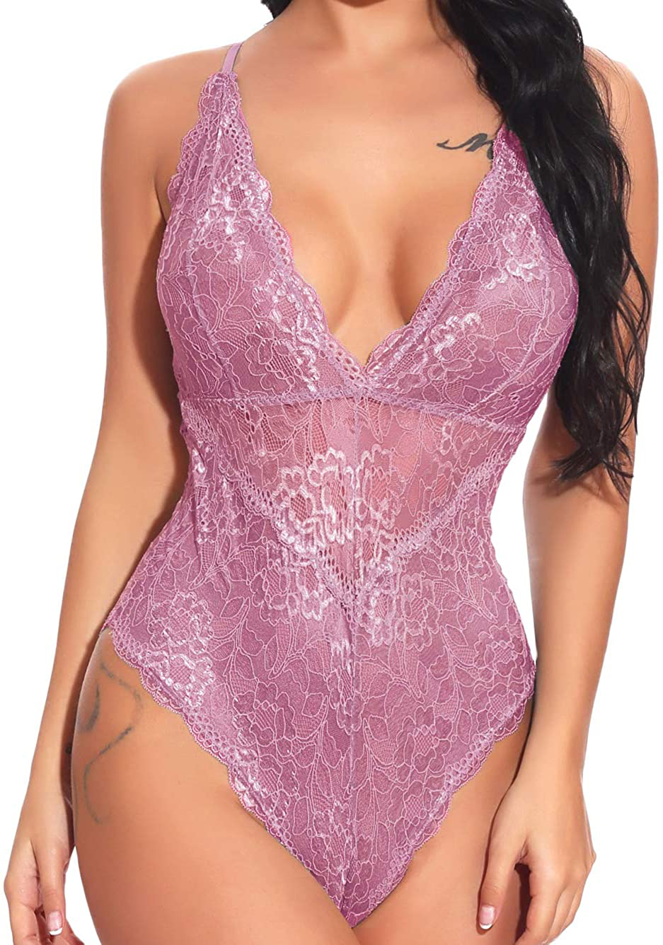 Kaei&Shi V-Neck See Through Lingerie Floral Lace Babydoll Sexy Lingerie for Women One Piece Bodysuit Apparel & Accessories > Clothing > Underwear & Socks > Lingerie Kaei&Shi Pink 4X Plus