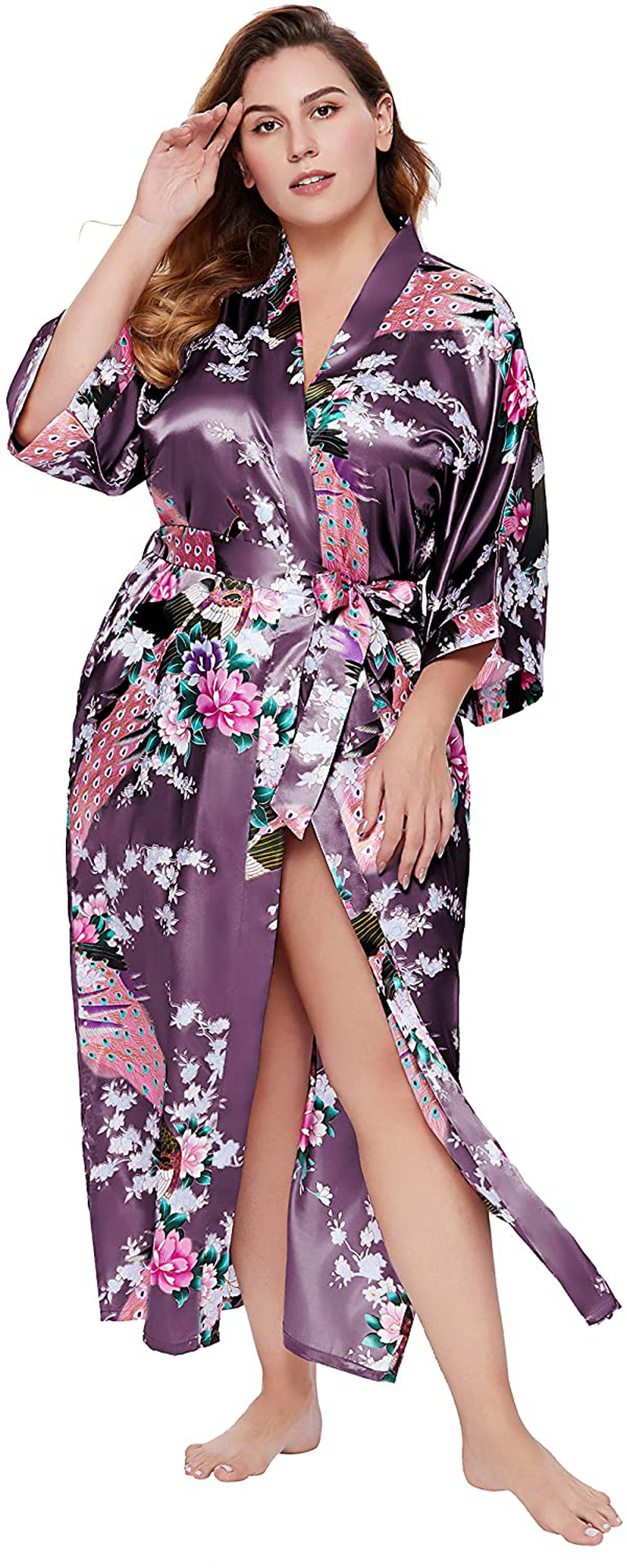 BABEYOND Women'S plus Size Kimono Robe Long Robes with Peacock and Blossoms Printed plus Size Kimono Outfit Apparel & Accessories > Clothing > Sleepwear & Loungewear > Robes KYLIE MAX Light Purple 2X