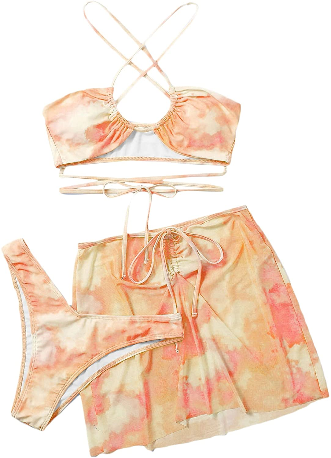 SOLY HUX Women'S Tie Dye Wrap Bikini Bathing Suits with Mesh Beach Skirt 3 Piece Swimsuits Apparel & Accessories > Clothing > Underwear & Socks > Lingerie KYLIE MAX Orange Tie Dye Medium