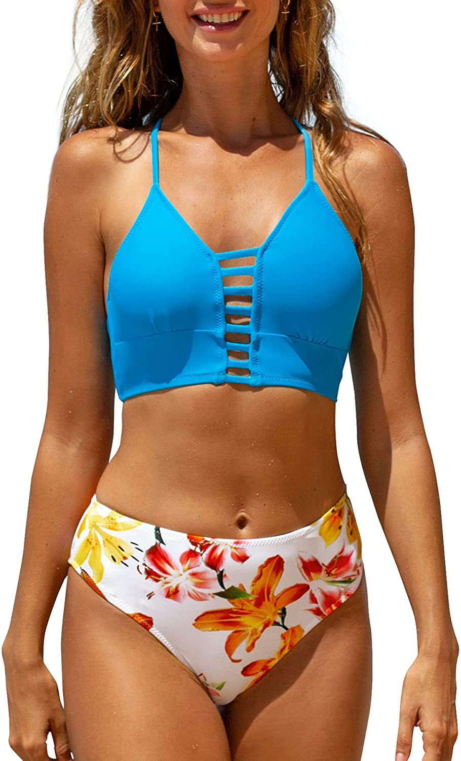 CUPSHE Women’s Bikini Swimsuit Floral Print Lace Up Multi Color Strappy Two Piece Bathing Suit Apparel & Accessories > Clothing > Swimwear CUPSHE Electronic Blue/Floral Large