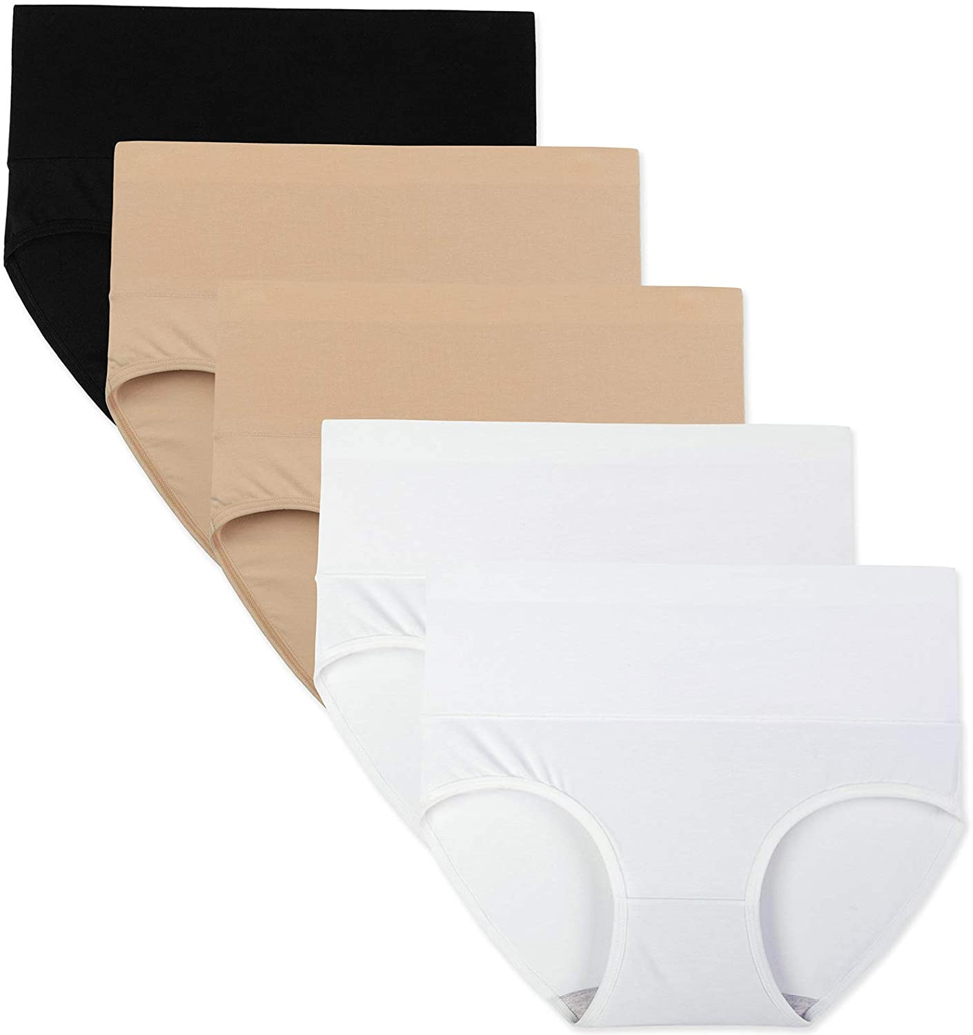 INNERSY Womens High Waisted Underwear Cotton Panties Regular & plus Size 5-Pack Apparel & Accessories > Clothing > Underwear & Socks > Underwear INNERSY Black-beige-white Large