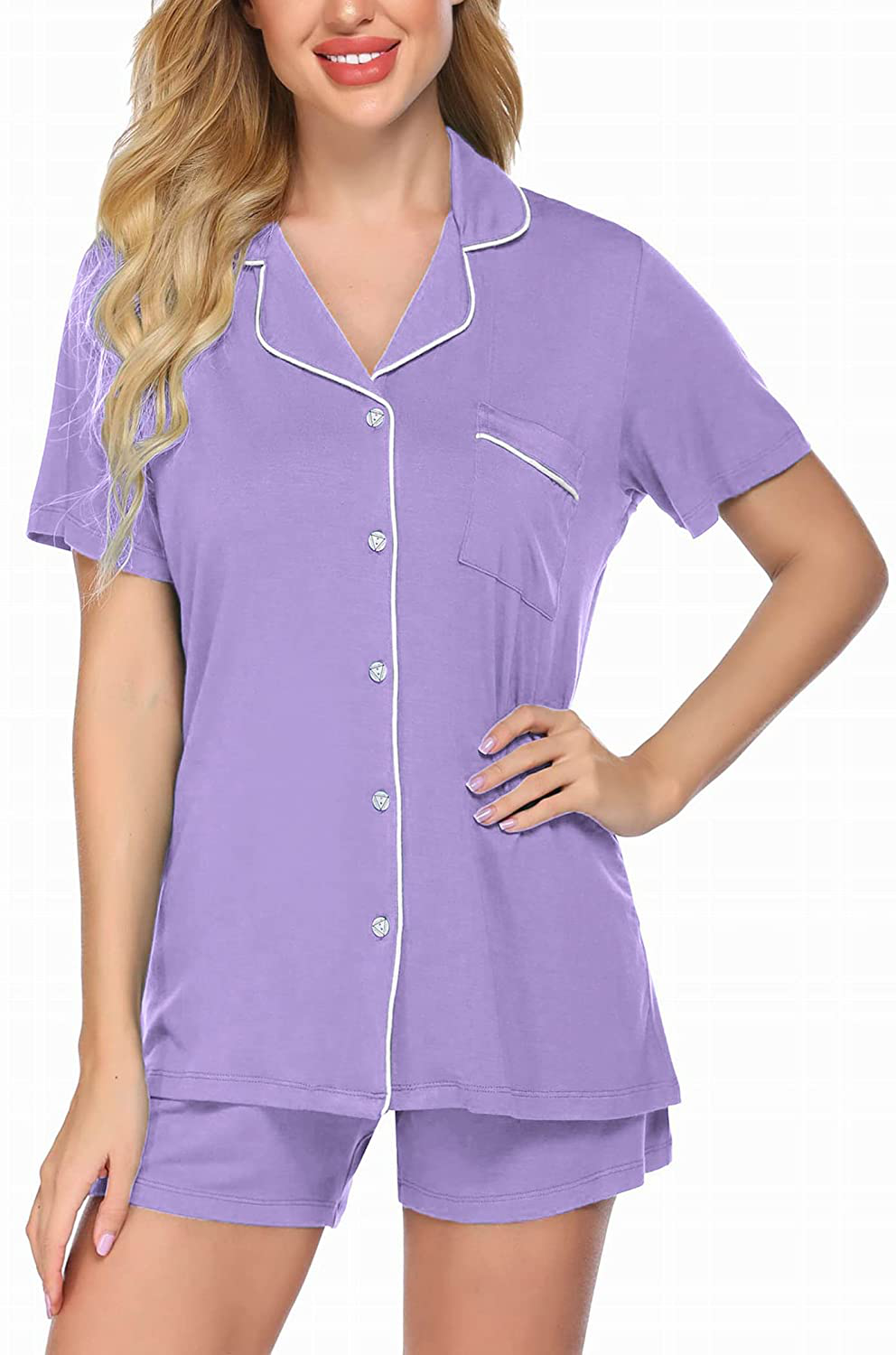 Ekouaer Pajamas Set Short Sleeve Sleepwear Womens Button Down Nightwear Soft Pj Lounge Sets XS-XXL Apparel & Accessories > Clothing > Sleepwear & Loungewear > Pajamas Ekouaer Lavender Large