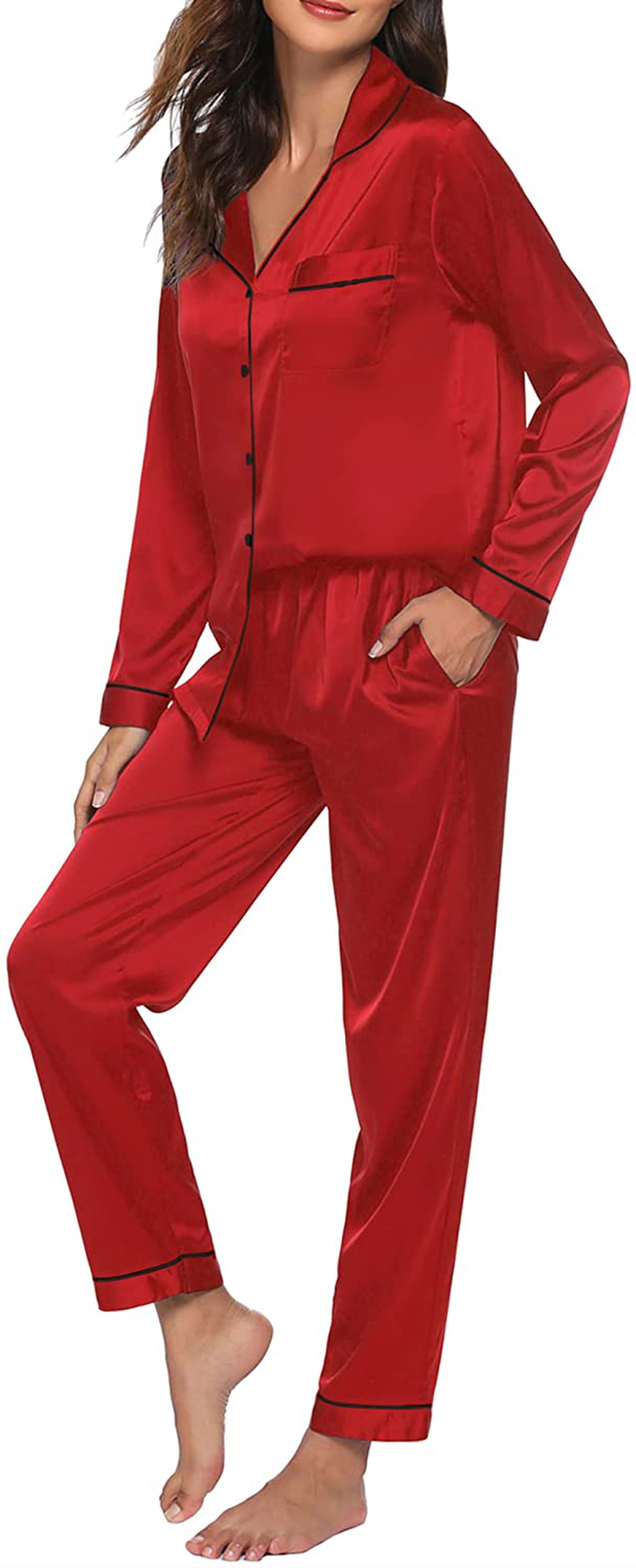 Ekouaer Satin Pajamas Women’S Long Sleeve Sleepwear Silk Soft Button down Loungewear Pjs Set S-XXL Apparel & Accessories > Clothing > Sleepwear & Loungewear > Pajamas Kylie Max