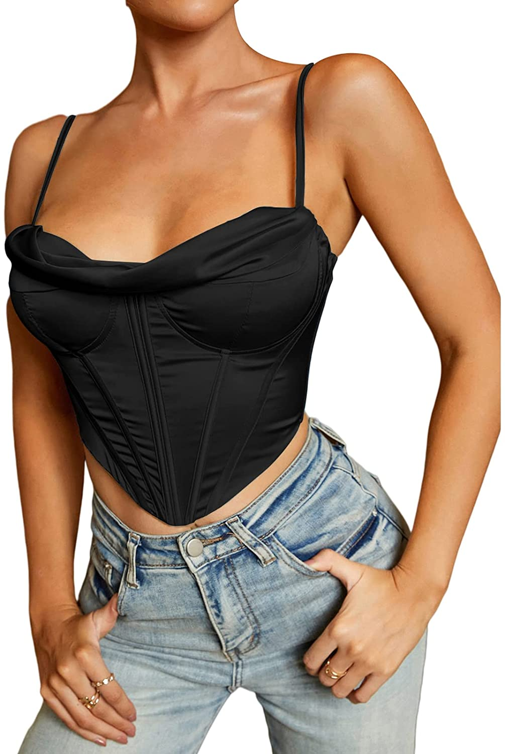 Satin Spaghetti Strap Party Crop Top Rave Cute Zip Back Outfits Corset Y2K Fashion Bustiers for Women Apparel & Accessories > Clothing > Underwear & Socks > Lingerie Parthea
