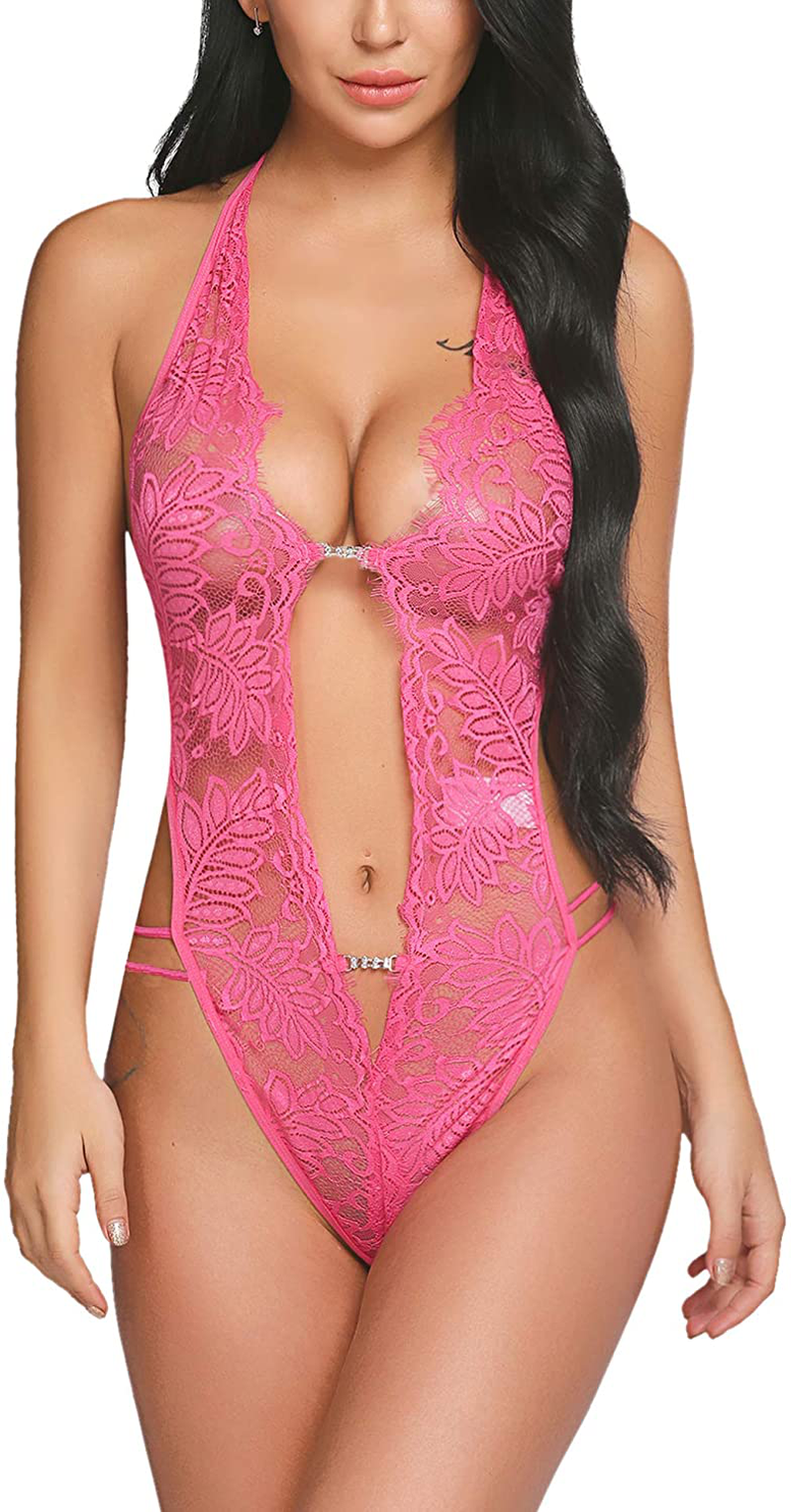 Avidlove Women Sexy Eyelash Lace Bodysuit One Piece Lingerie Deep V Teddy Mini Babydoll Apparel & Accessories > Clothing > Underwear & Socks > Lingerie Avidlove Rose Red Large