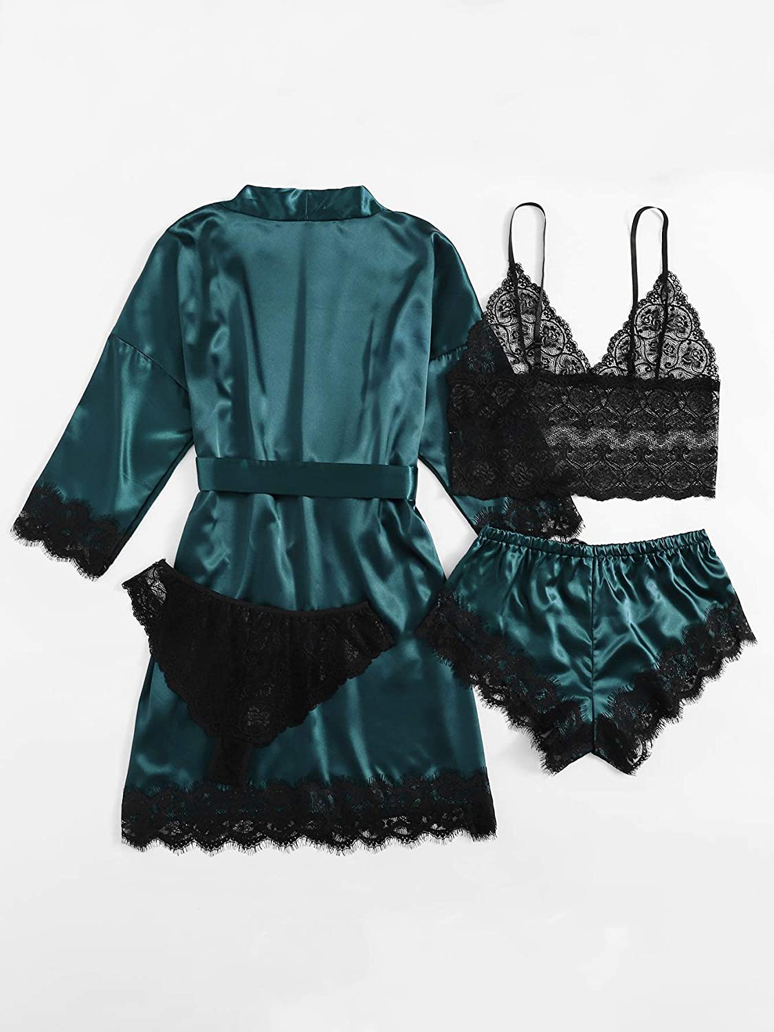 SOLY HUX Women'S Sleepwear 4Pcs Floral Lace Trim Satin Cami Pajama Set with Robe Apparel & Accessories > Clothing > Sleepwear & Loungewear Kylie Max