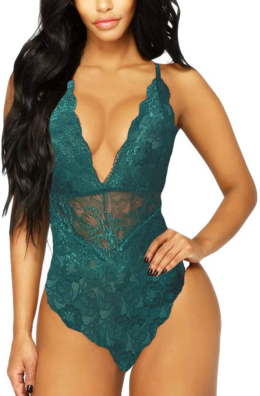 Kaei&Shi V-Neck See Through Lingerie Floral Lace Babydoll Sexy Lingerie for Women One Piece Bodysuit Apparel & Accessories > Clothing > Underwear & Socks > Lingerie Kaei&Shi Dark Green Medium