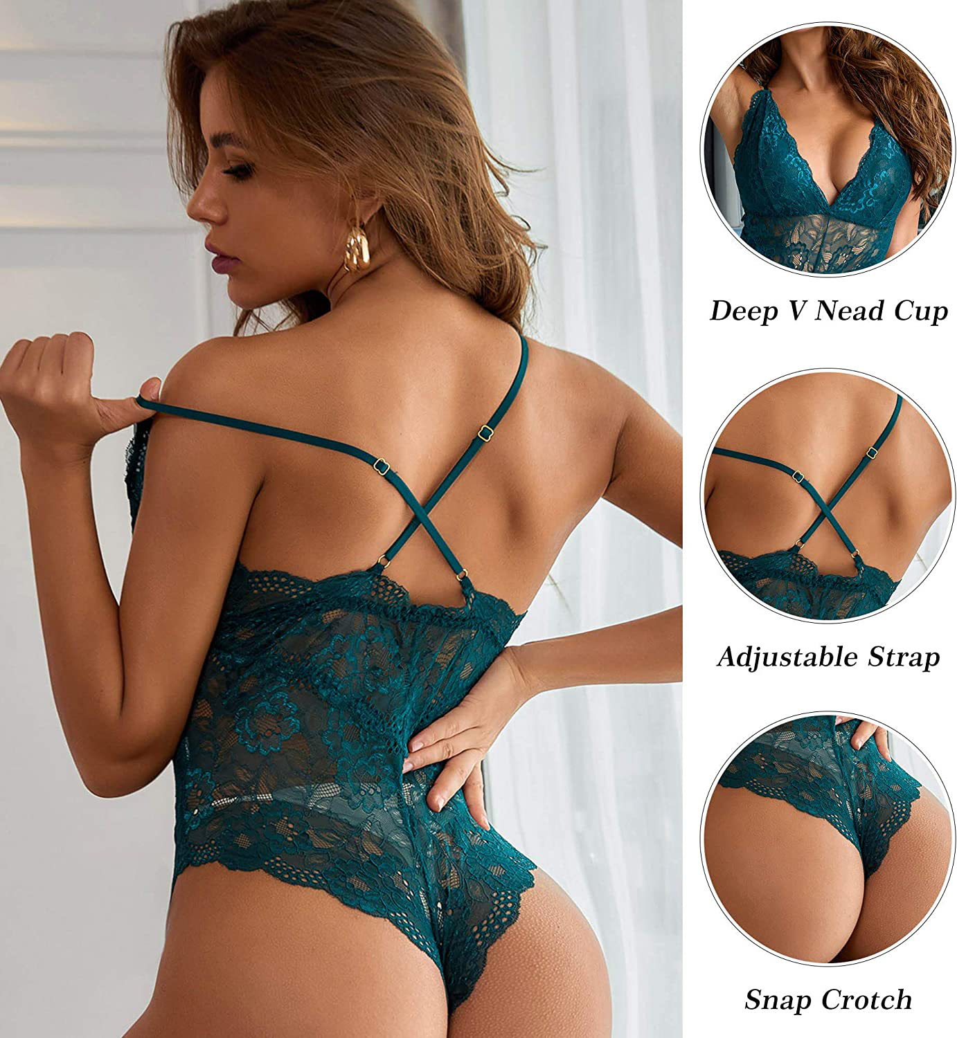 Aranmei Women Deep V Sexy Lace Bodysuit Snap Crotch Lingerie Teddy Underwear Apparel & Accessories > Clothing > Underwear & Socks > Lingerie Aranmei