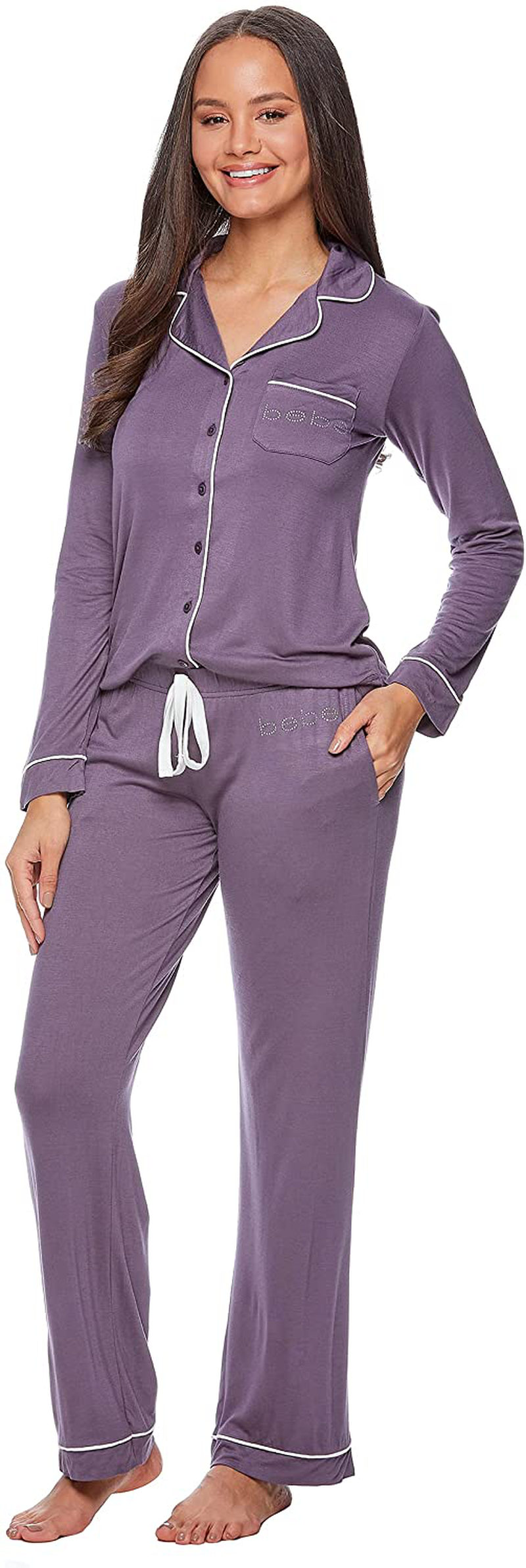 bebe Womens Button Down Long Sleeve Shirt and Pajama Pants Lounge Sleep Set Apparel & Accessories > Clothing > Sleepwear & Loungewear > Pajamas bebe Midnight Lavender Large