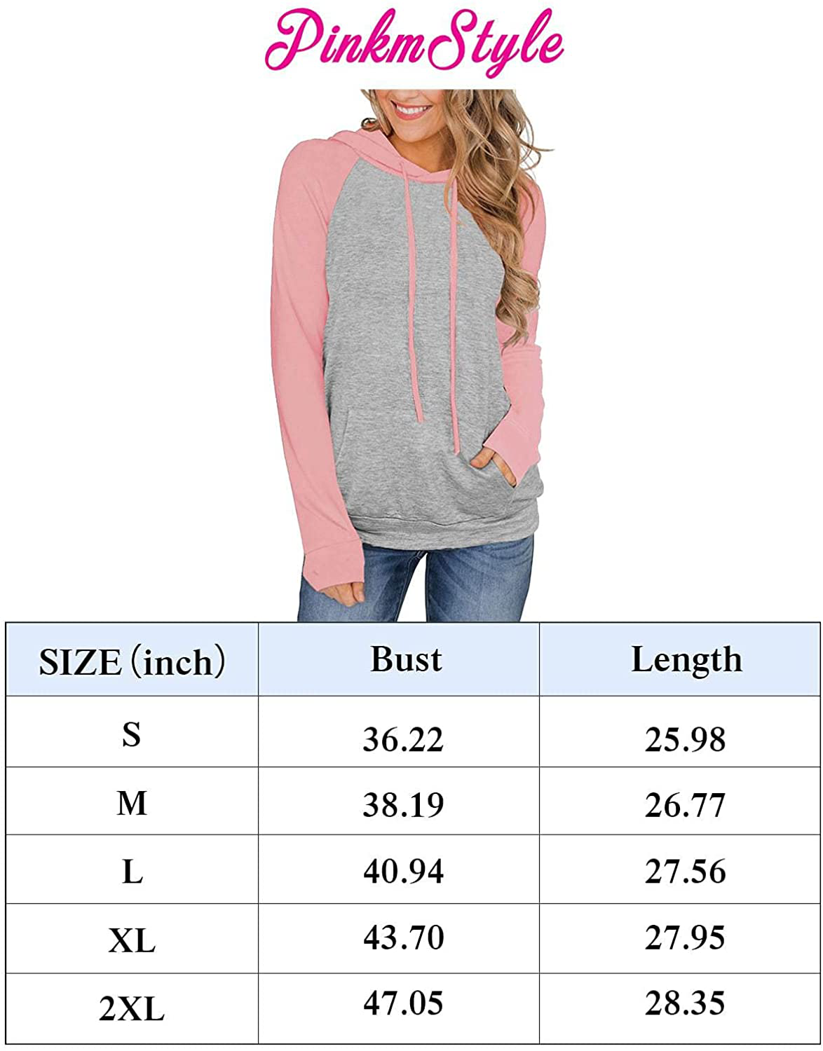 PINKMSTYLE Womens Color Block Hoodies Casual Lightweight Drawstring Pullover Sweatshirt Fall Long Sleeve Tops with Pocket Apparel & Accessories > Clothing > Activewear Kylie Max