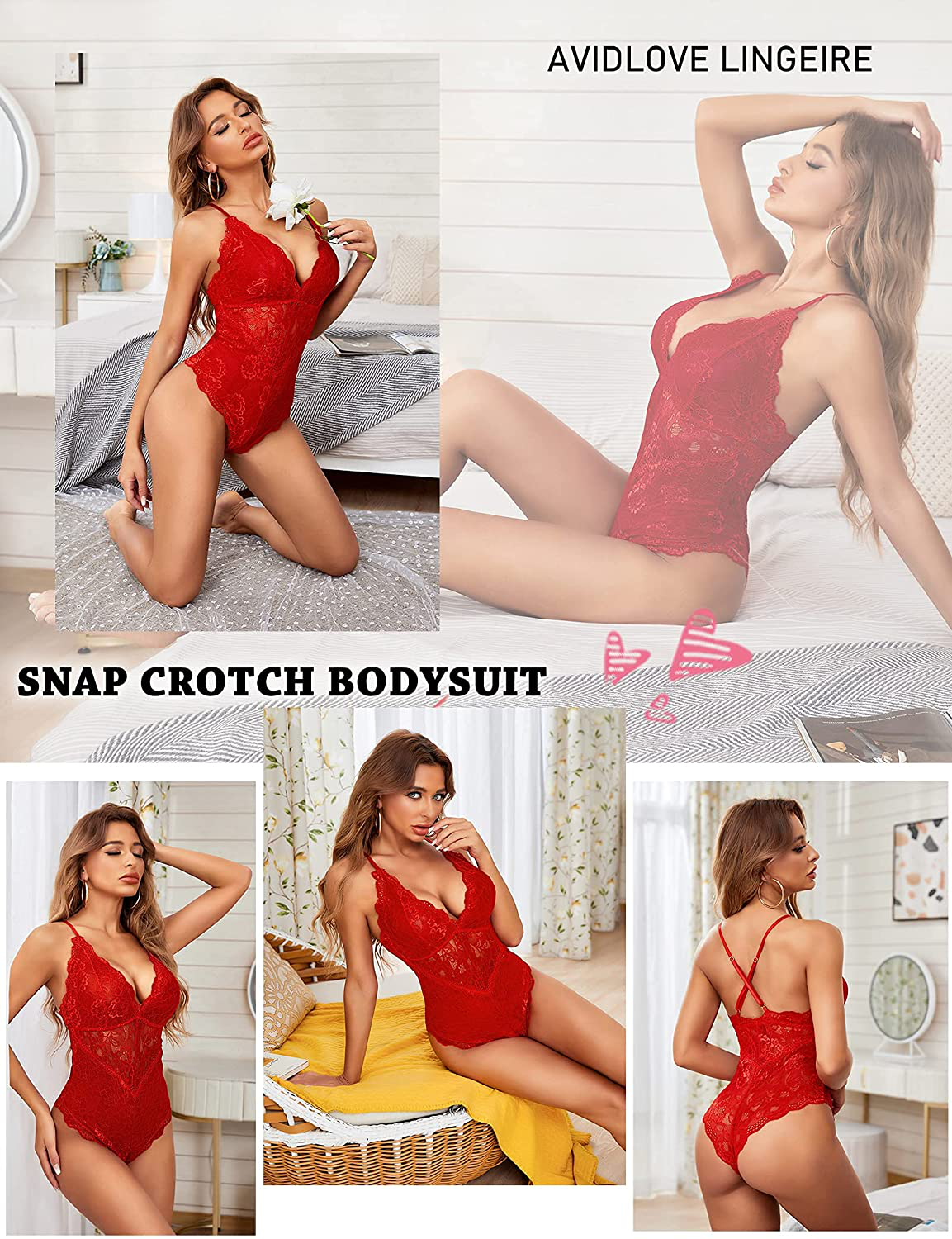 Avidlove Women Snap Crotch Lingerie Sexy Lace Bodysuit Deep V Teddy One Piece Lace Babydoll Apparel & Accessories > Clothing > Underwear & Socks > Lingerie Kylie Max