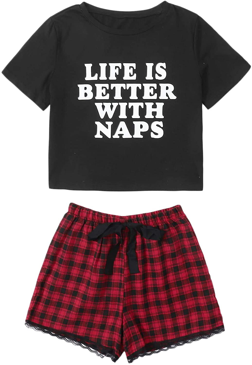DIDK Women's Cute Cartoon Print Tee and Shorts Pajama Set Apparel & Accessories > Clothing > Sleepwear & Loungewear > Pajamas DIDK Multicolor Aa Large