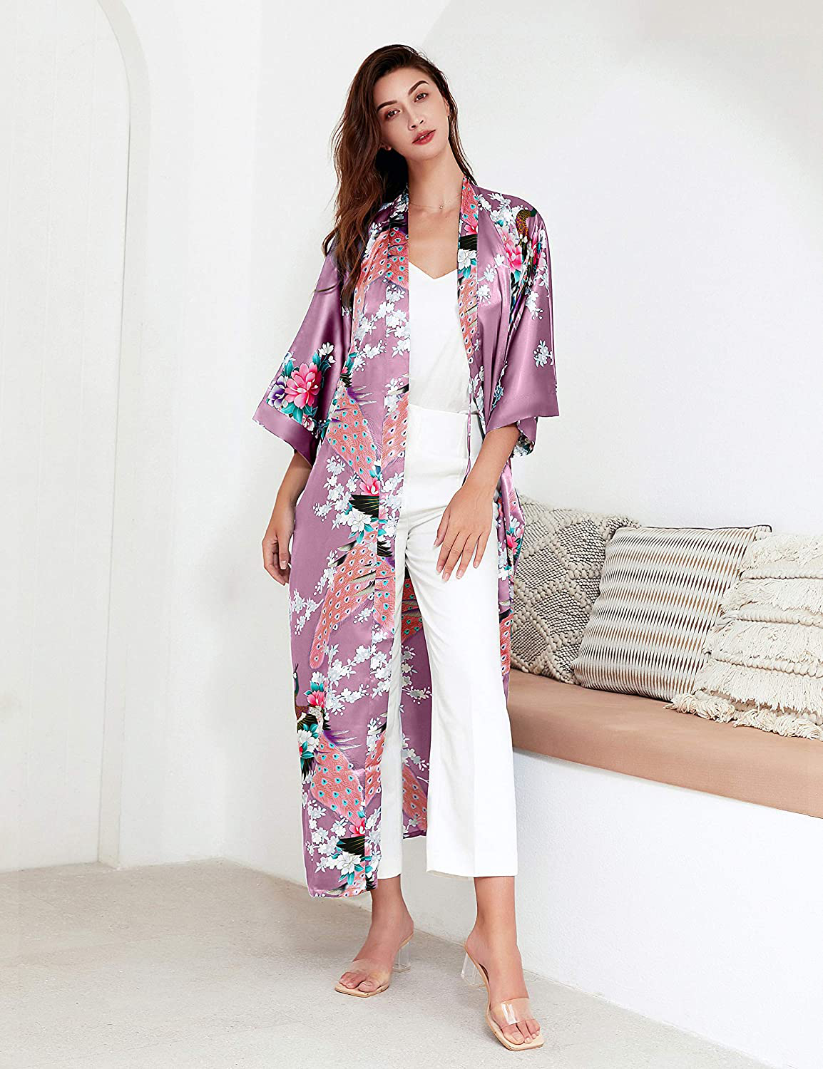 BABEYOND Women'S Kimono Robe Long Robes with Peacock and Blossoms Printed Kimono Nightgown Apparel & Accessories > Clothing > Sleepwear & Loungewear > Robes Kylie Max