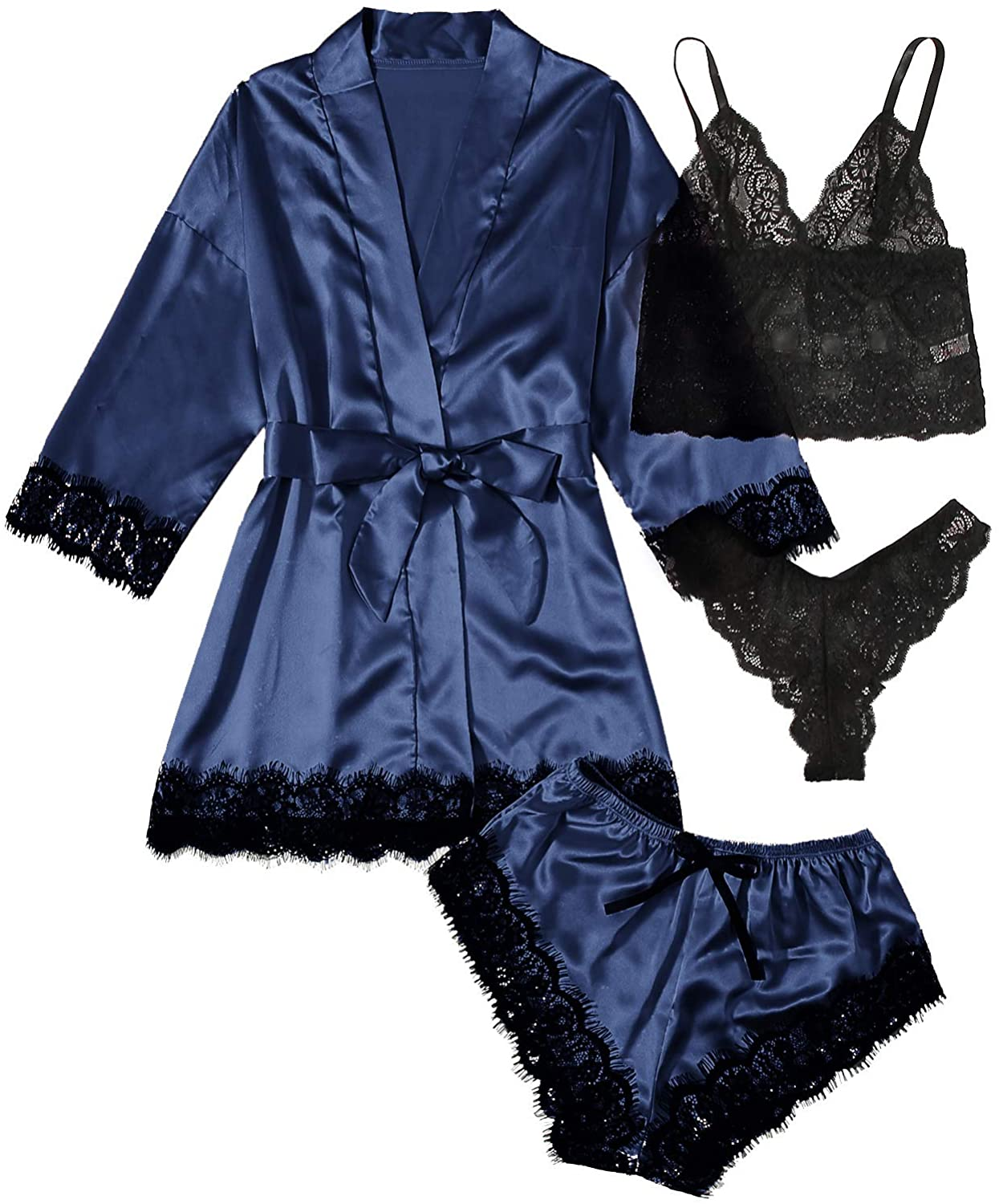 WDIRARA Women'S 4 Pieces Satin Floral Lace Cami Top Lingerie Pajama Set with Robe Apparel & Accessories > Clothing > Underwear & Socks > Lingerie WDIRARA Navy Black X-Large