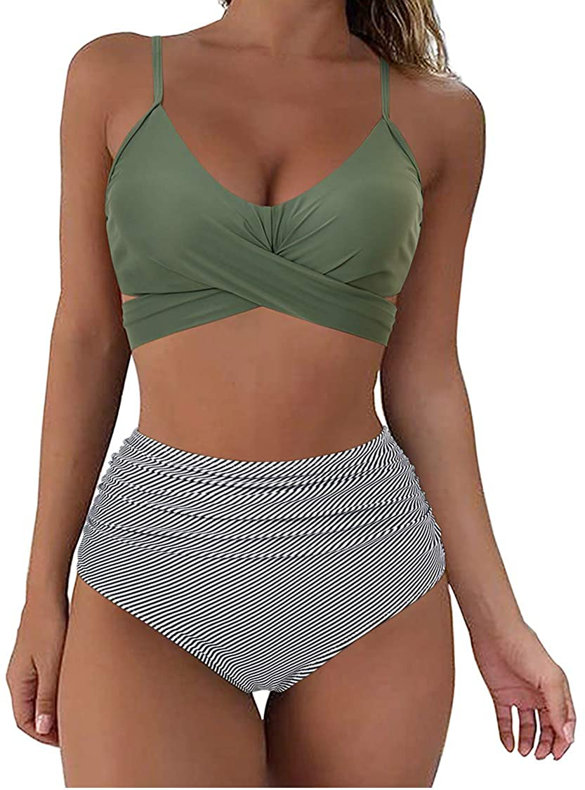 SUUKSESS Women Wrap Bikini Set Push Up High Waisted 2 Piece Swimsuits Apparel & Accessories > Clothing > Swimwear SUUKSESS 87-2 Striped Army Green 16-18