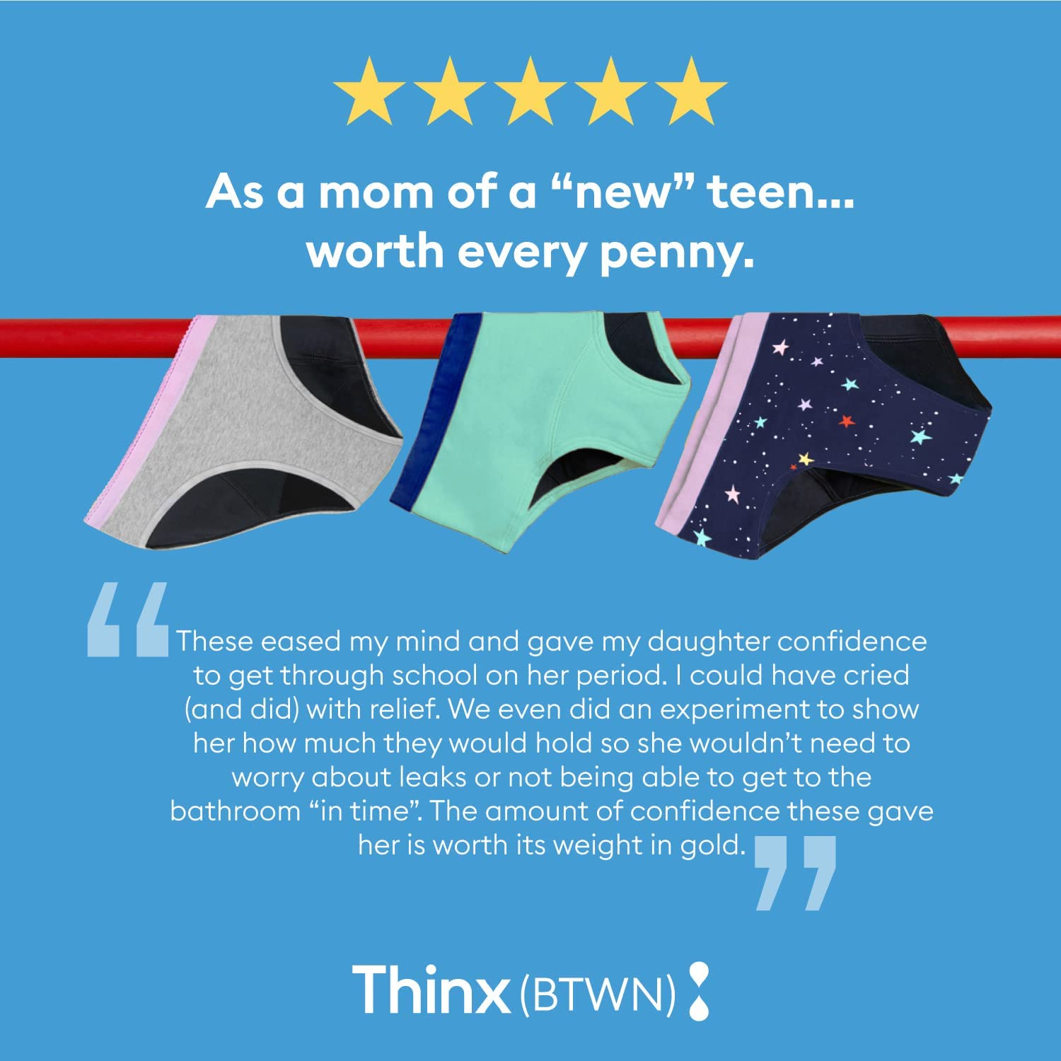 Thinx (BTWN) Bikini Panties | Period Underwear for Teen Girls | Menstrual Underwear | Super Absorbency Apparel & Accessories > Clothing > Underwear & Socks > Underwear Thinx BTWN