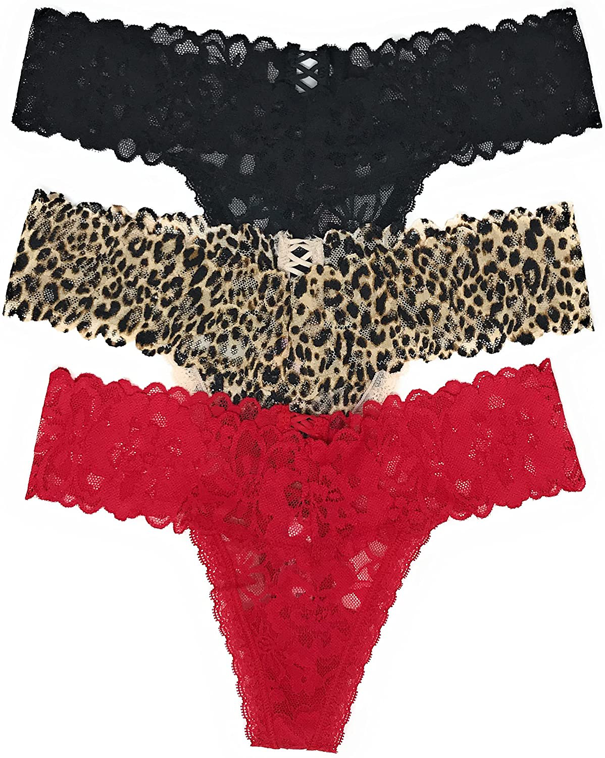 Victoria's Secret The Lacie Thong Panty Set of 3 Apparel & Accessories > Clothing > Underwear & Socks > Underwear Victoria's Secret Black Cross / Leo Cross / Red Cross Small