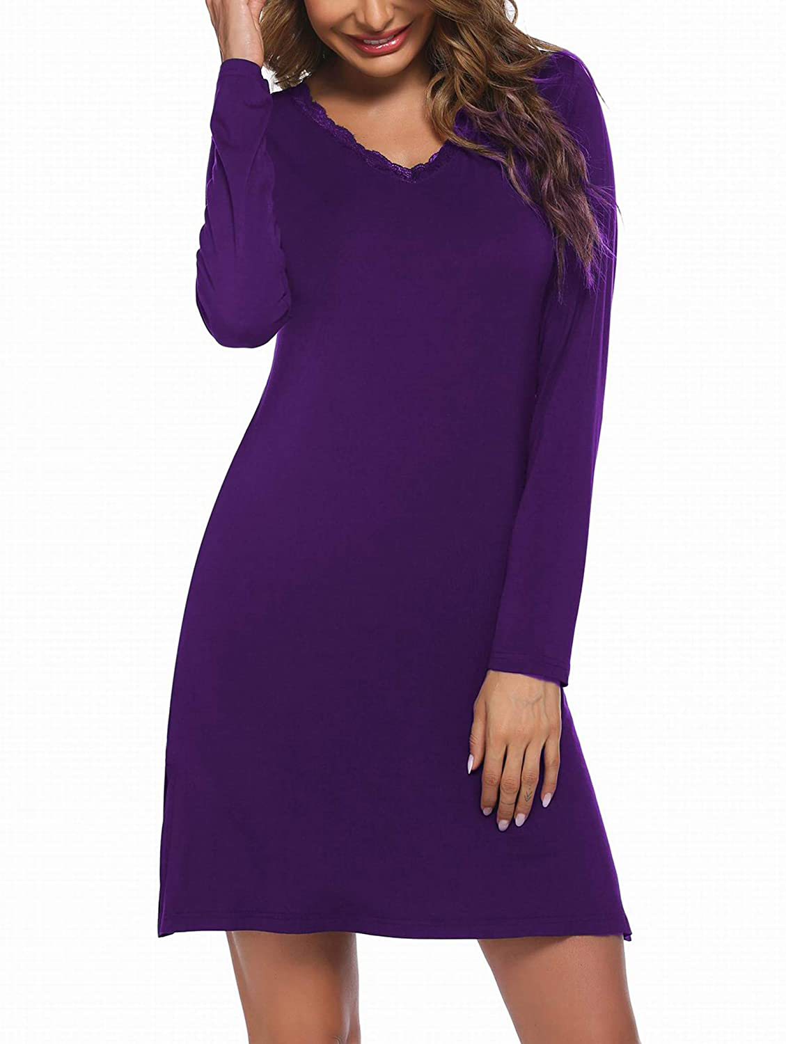 Ekouaer Sleepshirt for Women Sexy Nightgowns Long Sleeve Sleepwear Night Dress V-Neck Nightwear Gown Loungewear S-XXL Apparel & Accessories > Clothing > Sleepwear & Loungewear > Nightgowns Kylie Max