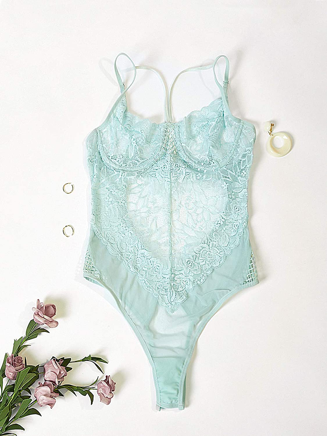 Garmol Womens Teddy Lingerie, Lace Underwear Cups Mesh Bodysuit Deep V Neck One Piece Babydoll, XS-XL Apparel & Accessories > Clothing > Underwear & Socks > Lingerie Garmol