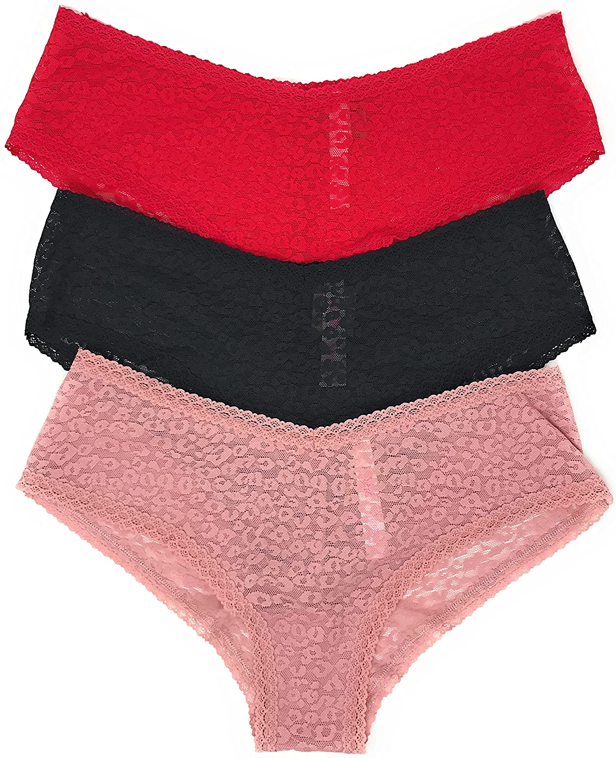 Victoria'S Secret Pink Cheekster Panty Set of 3 Victoria's Secret Leo Lace Red / Black / Damsel Pink Large