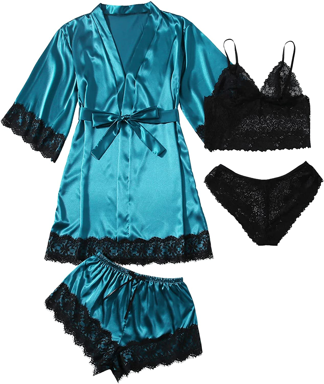 WDIRARA Women'S 4 Pieces Satin Floral Lace Cami Top Lingerie Pajama Set with Robe Apparel & Accessories > Clothing > Underwear & Socks > Lingerie WDIRARA Teal Blue Black Medium
