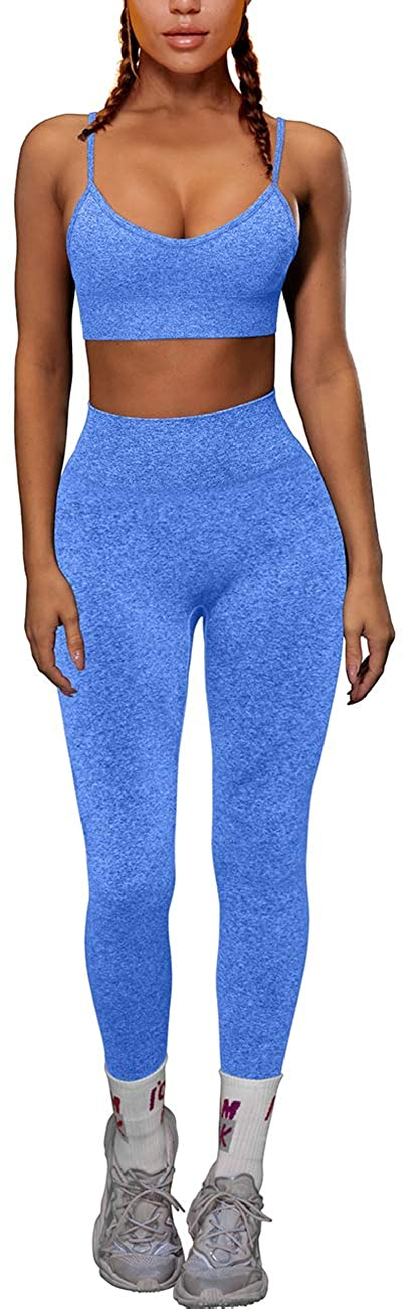 OQQ Yoga Outfit for Women Seamless 2 Piece Workout Gym High Waist Leggings with Sport Bra Set Apparel & Accessories > Clothing > Underwear & Socks > Lingerie HZSN F: Blue Small