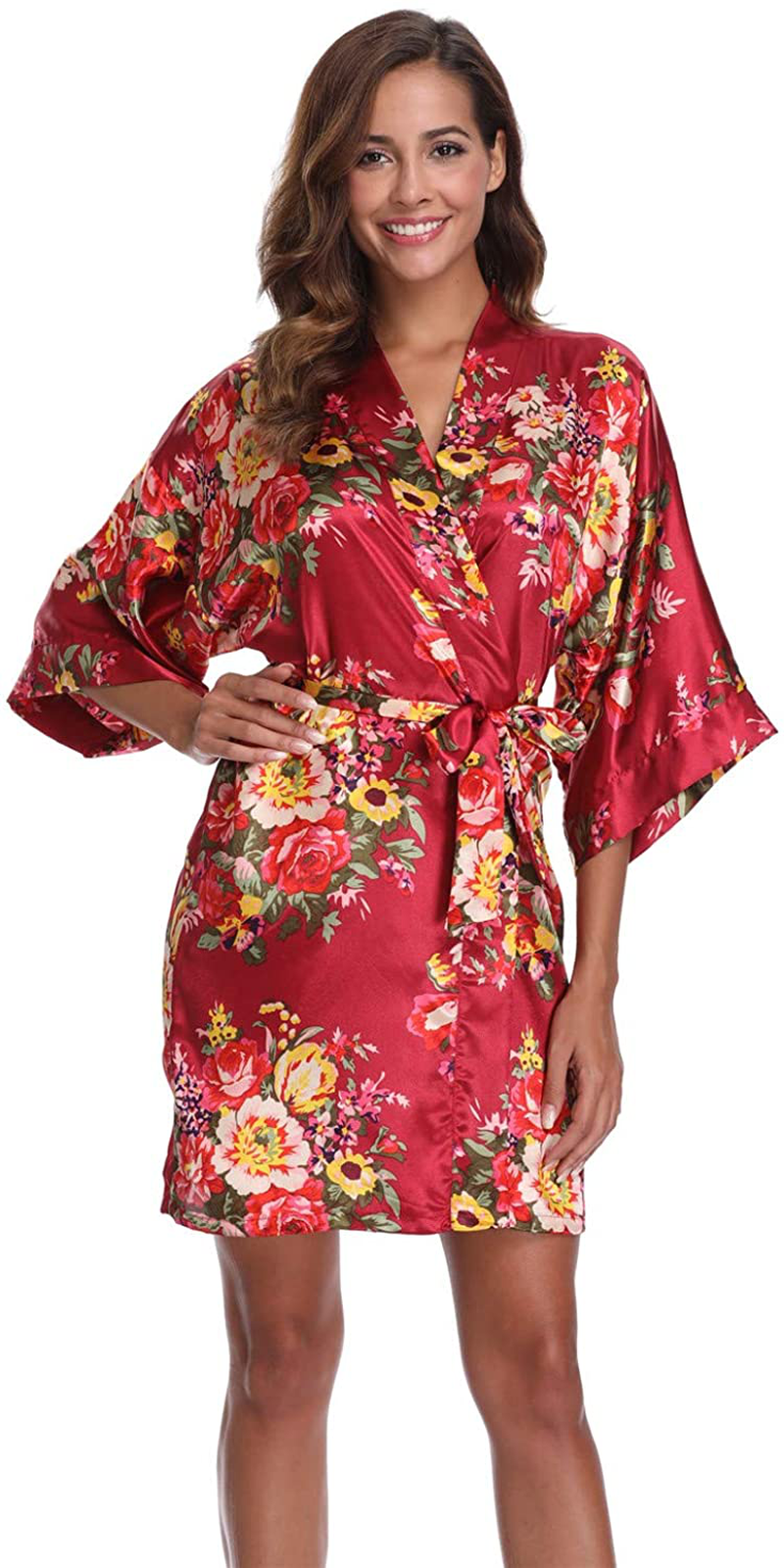 Women'S Floral Satin Kimono Robes Short Bridesmaid Robes for Wedding Party Apparel & Accessories > Clothing > Sleepwear & Loungewear > Robes Super Shopping-zone