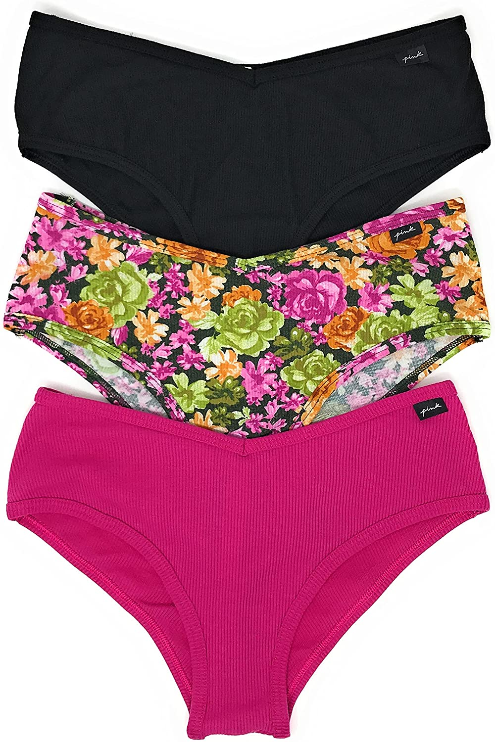 Victoria'S Secret Pink Cheekster Panty Set of 3 Apparel & Accessories > Clothing > Underwear & Socks > Underwear Victoria's Secret Ribbed Black / Green Pink Floral / Magenta Medium