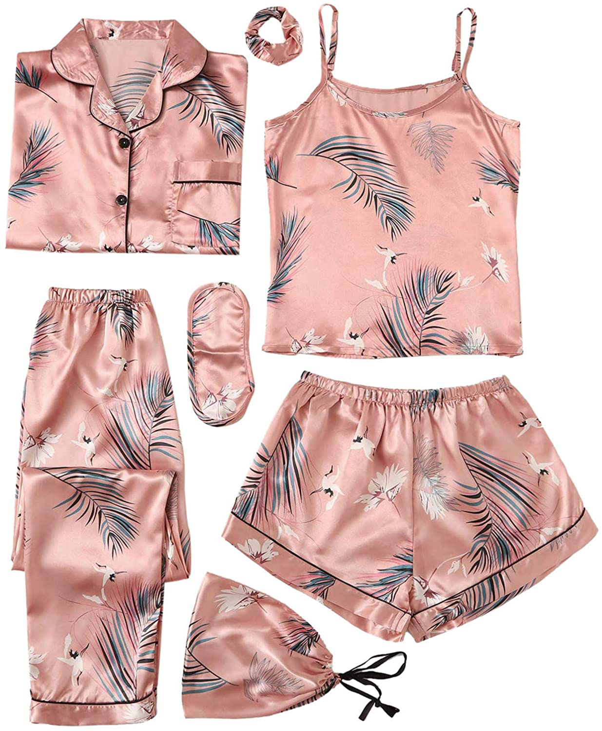 Shein Women'S 7Pcs Pajama Set Cami Pjs with Shirt and Eye Mask Apparel & Accessories > Clothing > Sleepwear & Loungewear Kylie Max