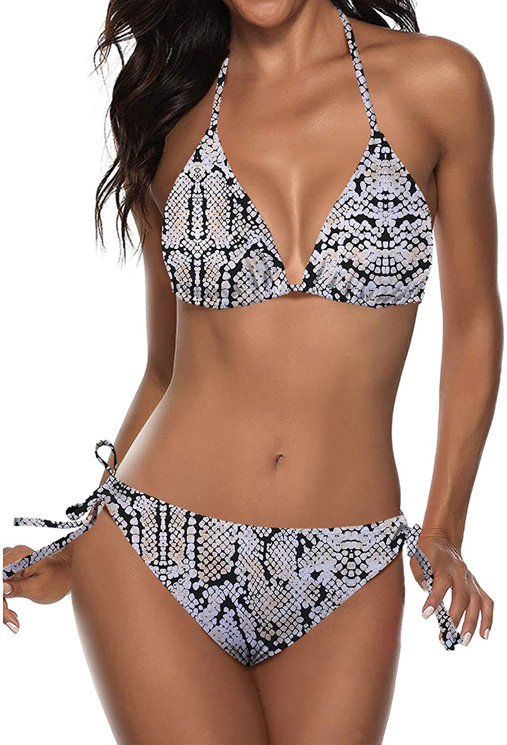 Tempt Me Women Two Piece Halter Padded Top Tie Side Bottom Triangle Bikini Bathing Suit Apparel & Accessories > Clothing > Swimwear KYLIE MAX Snake Print X-Small