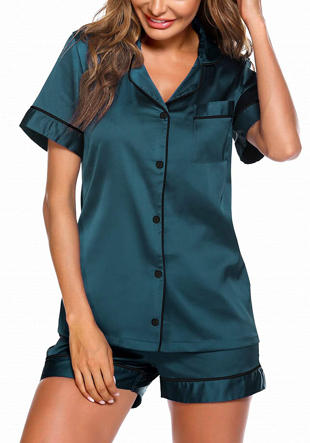 Ekouaer Satin Pajamas Women'S Short Sleeve Sleepwear Soft Silk Button down Loungewear Pjs Shorts Set S-XXL Apparel & Accessories > Clothing > Sleepwear & Loungewear Kylie Max