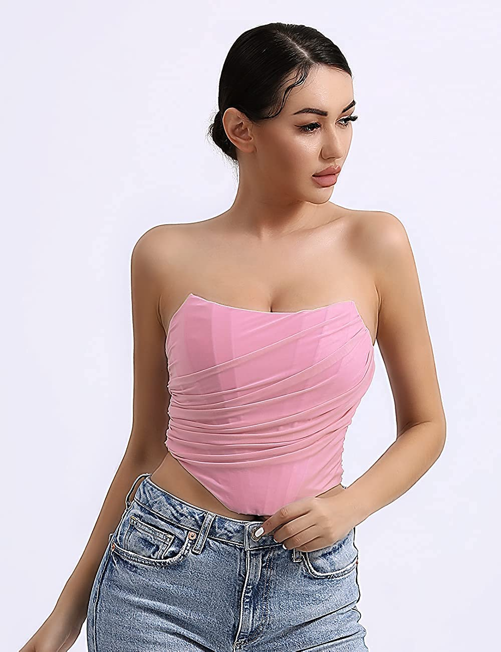 L'VOW Women'S Sexy Mesh Corset Crop Top Push up Strapless Open Back Boned Bustier Apparel & Accessories > Clothing > Underwear & Socks > Lingerie L'VOW