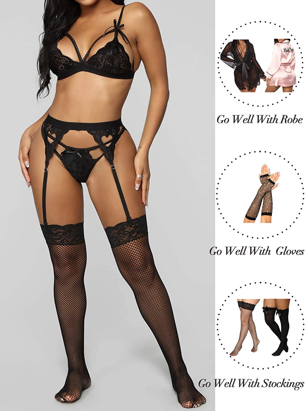 Kaei&Shi Sexy Lingerie for Women, Heart Lingerie Set with Garter Belt, Lace Bondage Lingerie Bra and Panty Sets Apparel & Accessories > Clothing > Underwear & Socks > Lingerie Kaei&Shi