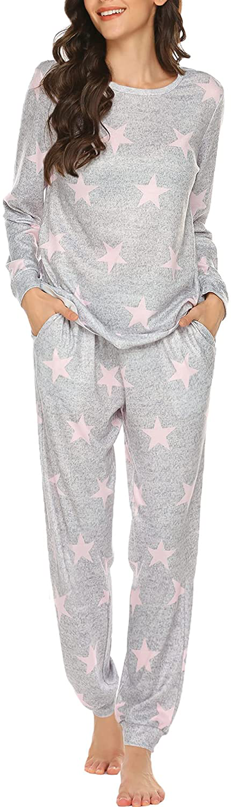 Ekouaer Womens Pajama Set Long Sleeve Sleepwear Star Print Nightwear Soft Pjs Lounge Sets with Pockets Apparel & Accessories > Clothing > Sleepwear & Loungewear > Pajamas Ekouaer A-light Grey Pink Star X-Small