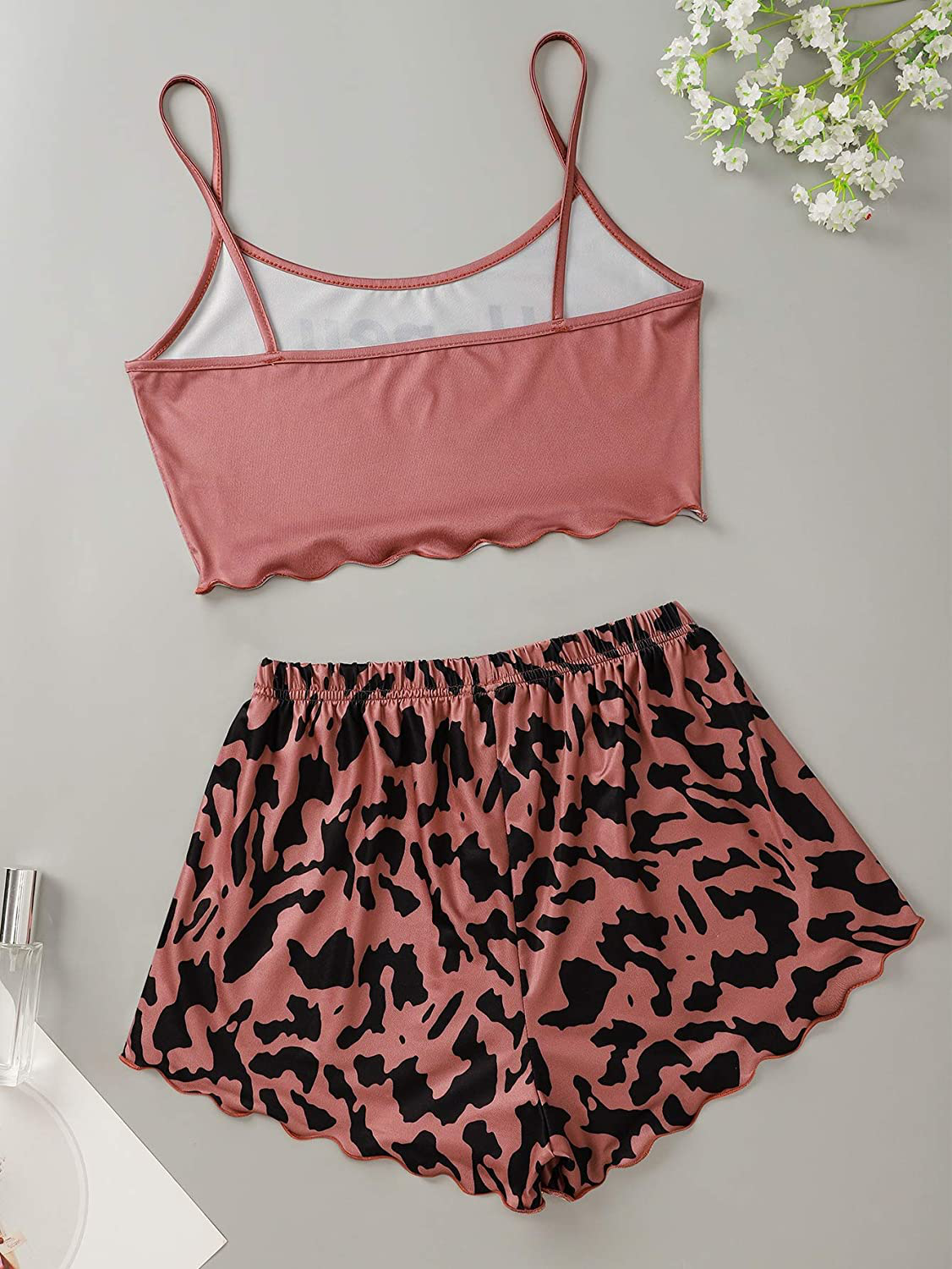 SOLY HUX Women'S Cartoon Print Lettuce Trim Cami Top and Shorts Cute Pajama Set Sleepwear Apparel & Accessories > Clothing > Sleepwear & Loungewear Kylie Max