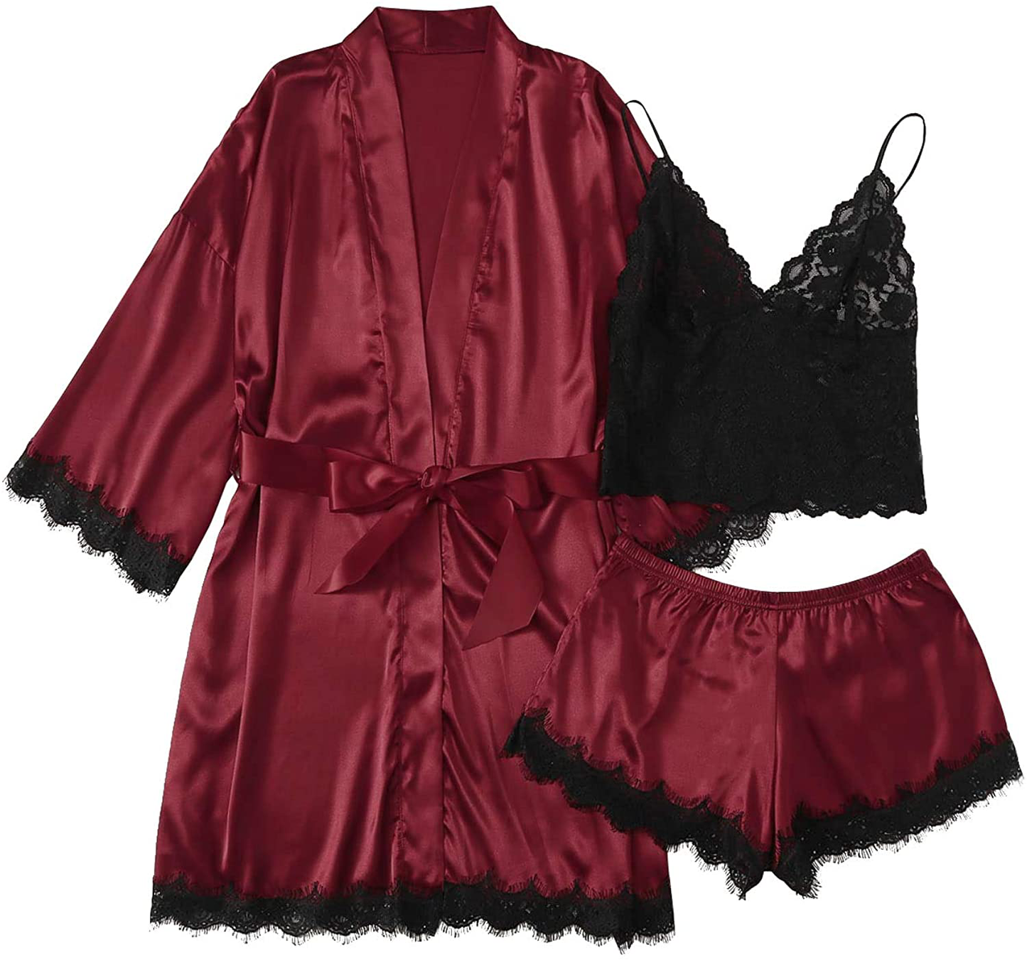 LYANER Women'S Lace Cami Top and Shorts Satin Silk Lingerie Set with Robe Pajamas Sleepwear Apparel & Accessories > Clothing > Sleepwear & Loungewear Kylie Max
