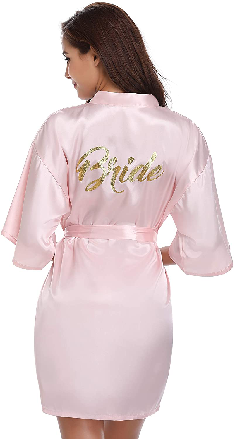 Vlazom Women'S Satin Robe Short Kimono for Bride & Bridesmaid Wedding Party Robes with Gold Glitter or Rhinestones Apparel & Accessories > Clothing > Sleepwear & Loungewear > Robes KYLIE MAX A-pink-bride XX-Large