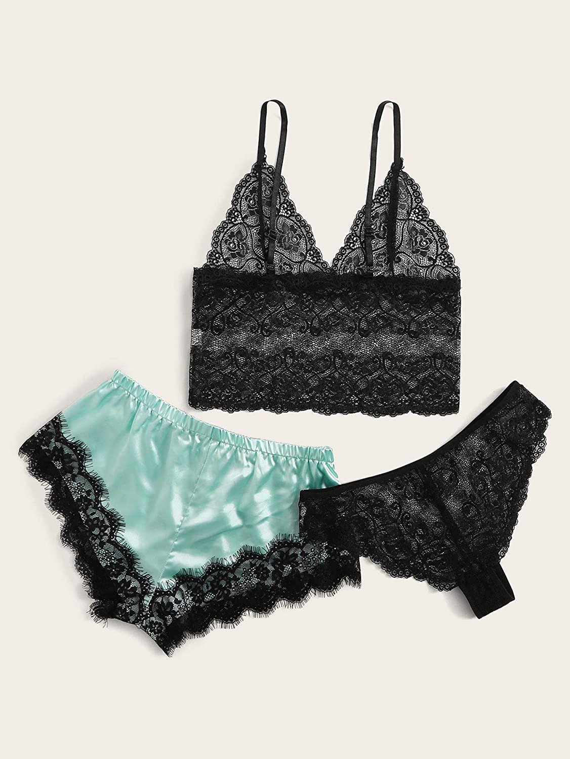 Sweatyrocks Women'S Lace Cami Top with Shorts with Panties 3 Piece Set Sexy Lingerie Pajama Set Sleepwear Apparel & Accessories > Clothing > Sleepwear & Loungewear Kylie Max